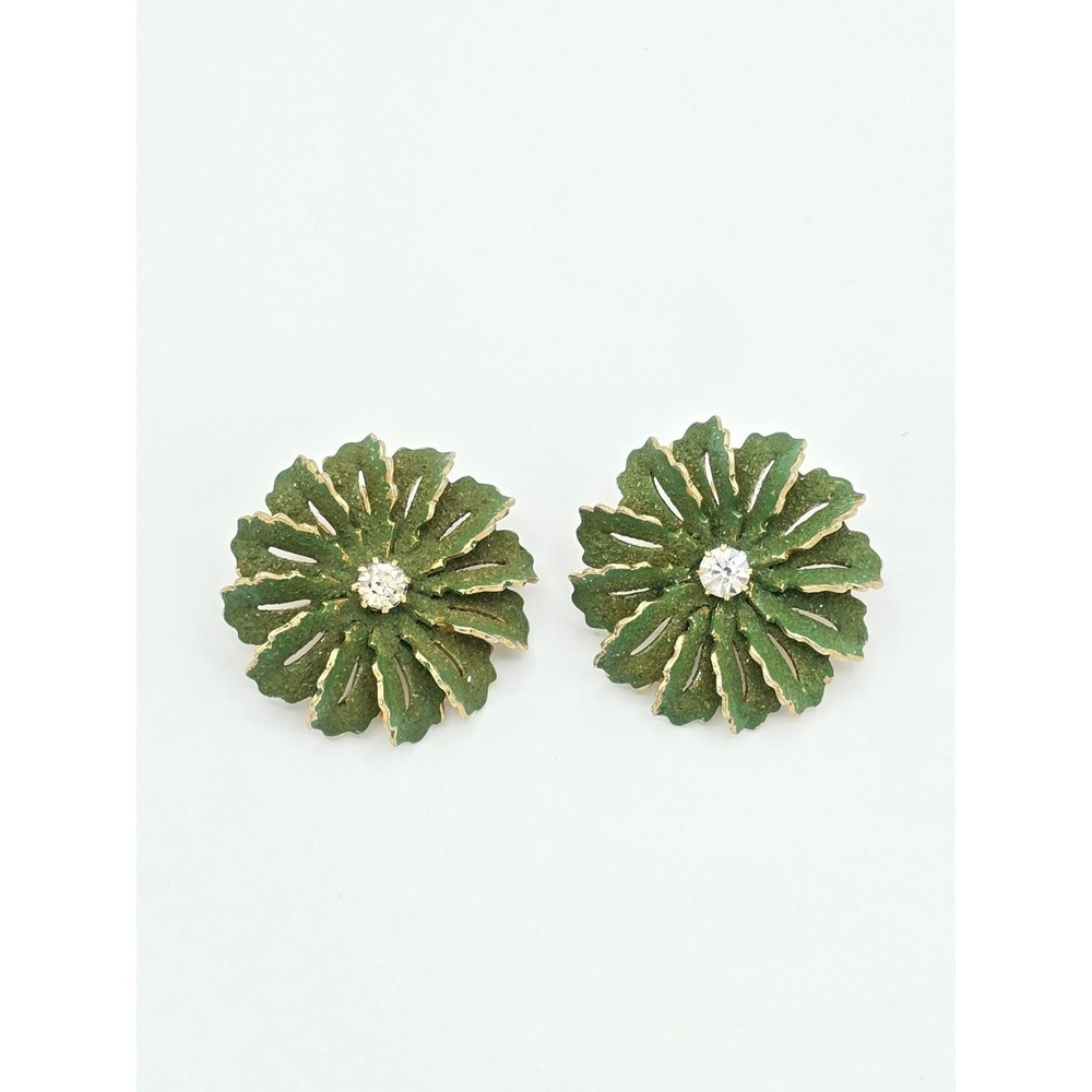 Vintage Green Flower Olive Green Rhinestone Clip On Fashion‎ Earrings Mcm